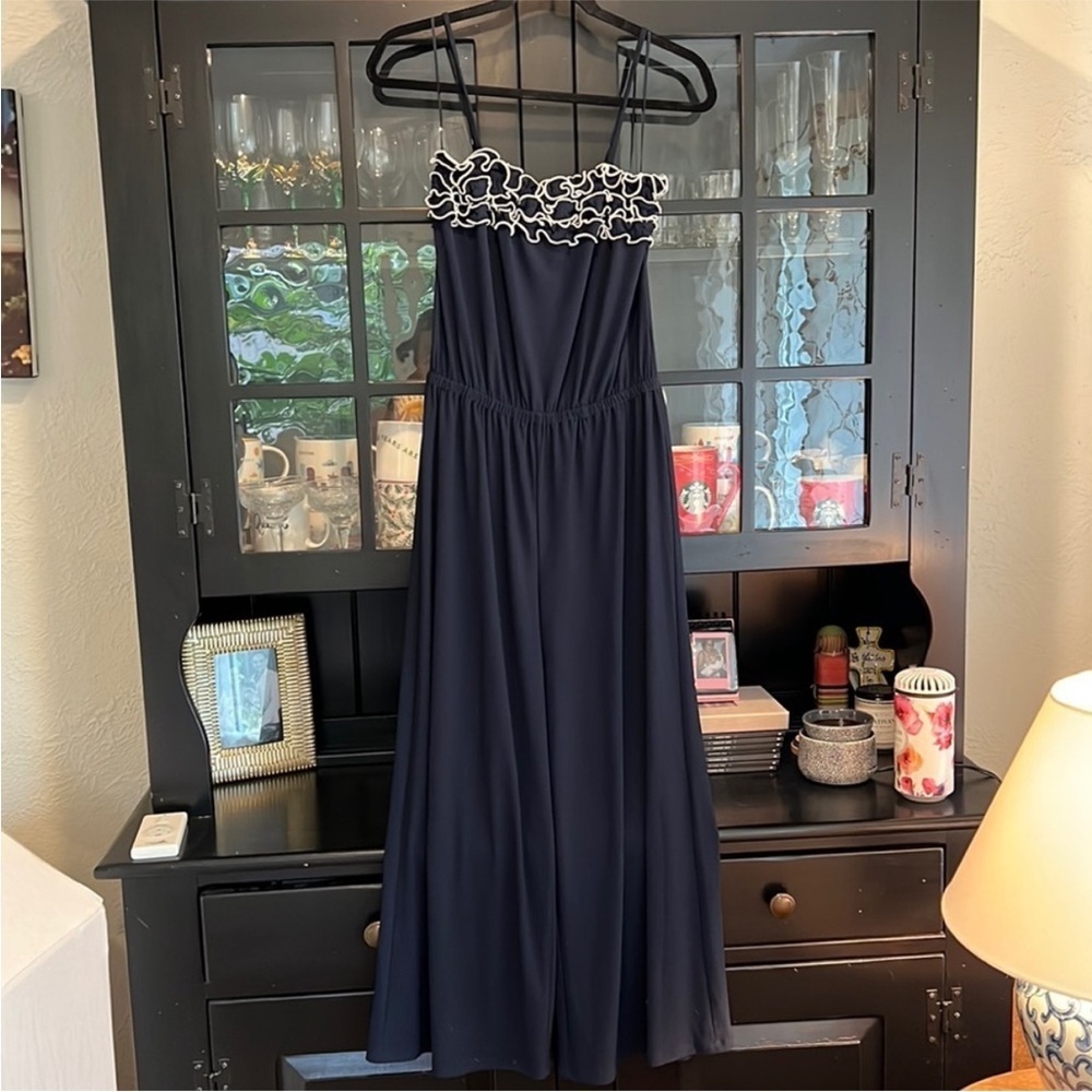 CeCe Navy Jumpsuit with White Ruffle Trim — Size Small EUC